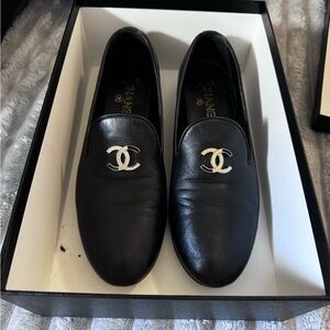 CHANEL Black Loafers with Gold Emblem